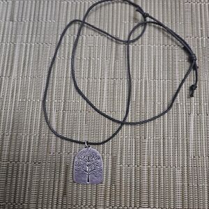 Silvertone Tree Pendant Necklace on Black Cord